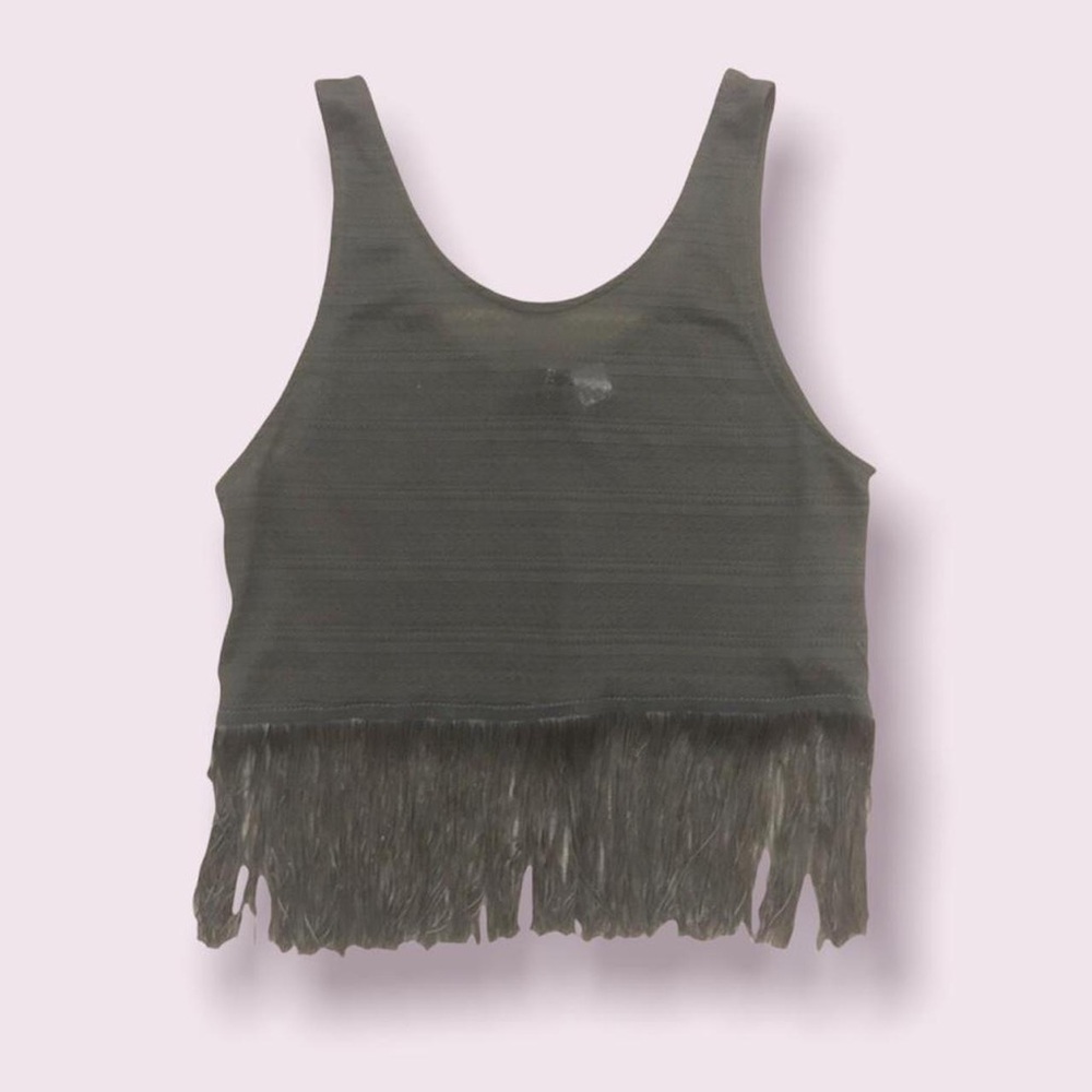Army Green Knit Fringe Tank Top - Picture 1 of 4